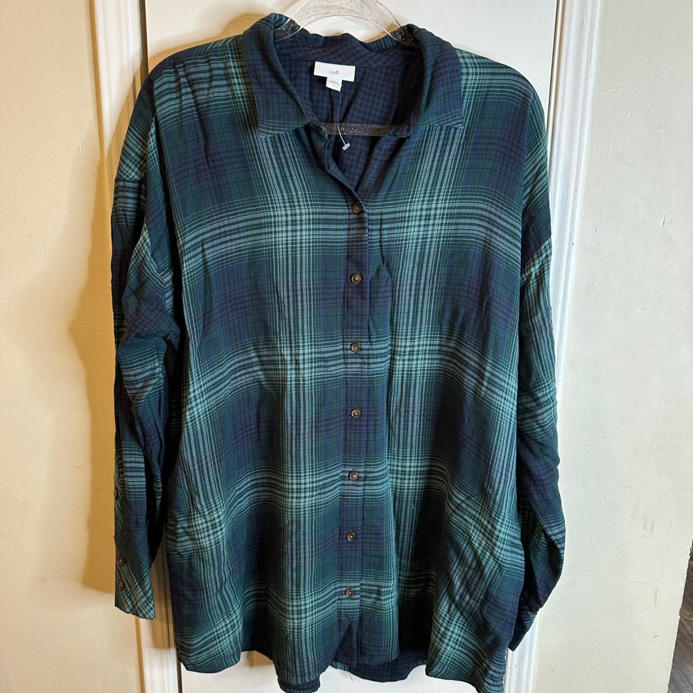 J. Jill Navy Green Plaid Rayon Button Down Tunic Shirt Womens Large Long Sleeve